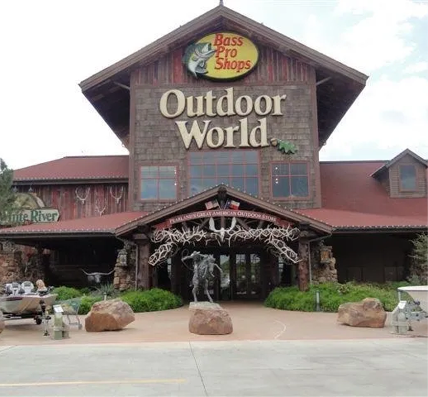 Outdoor gear store with log cabin facade