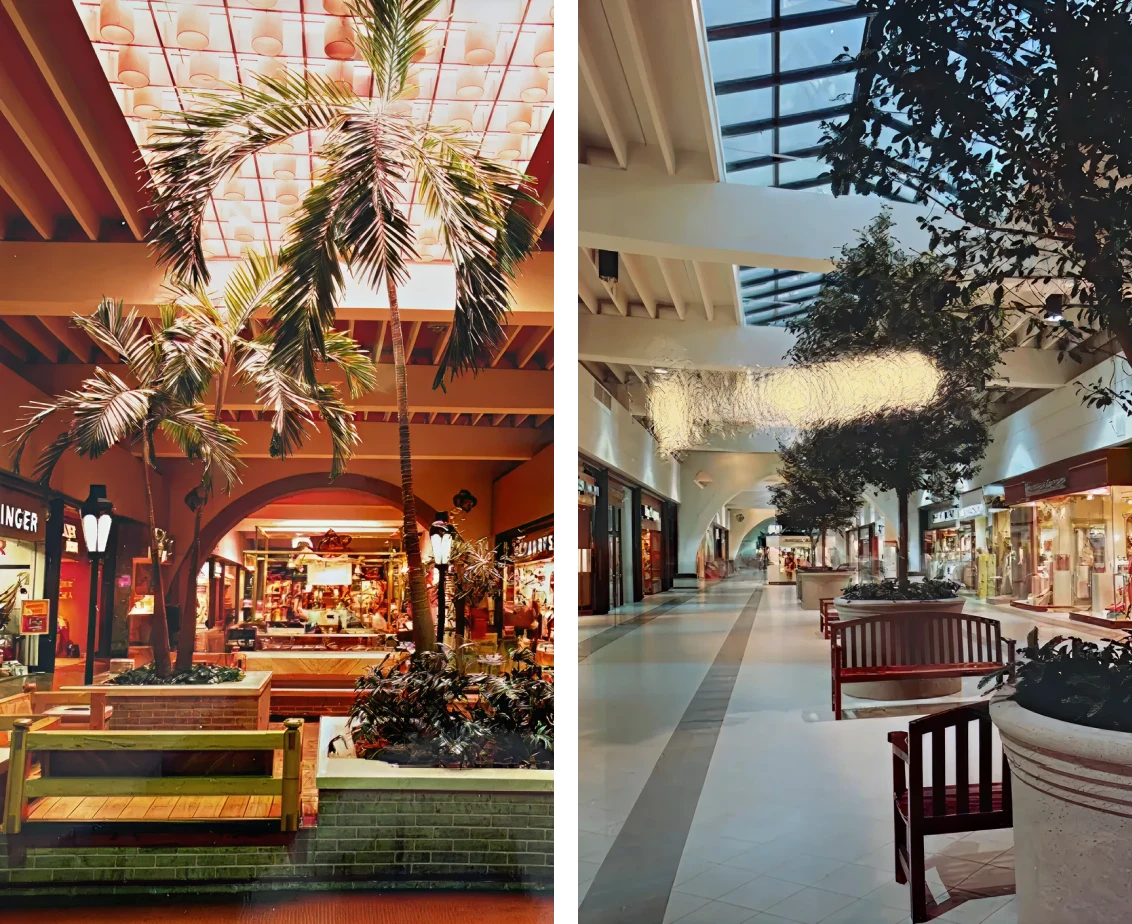 Vintage and modern mall interiors